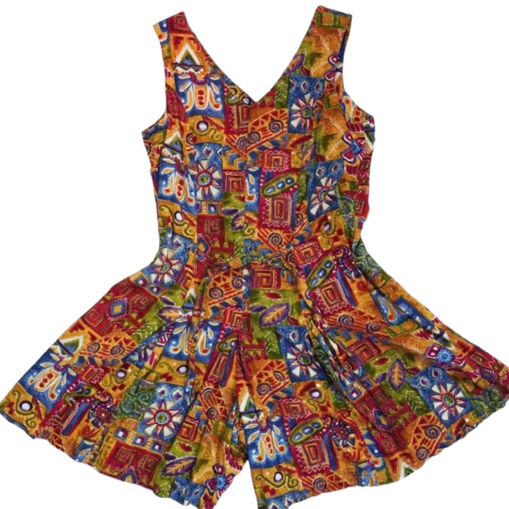 Vintage Colorful 90s Floral Jumpsuit Size XL Wide Leg Romper Abstract  Beach - Picture 3 of 8